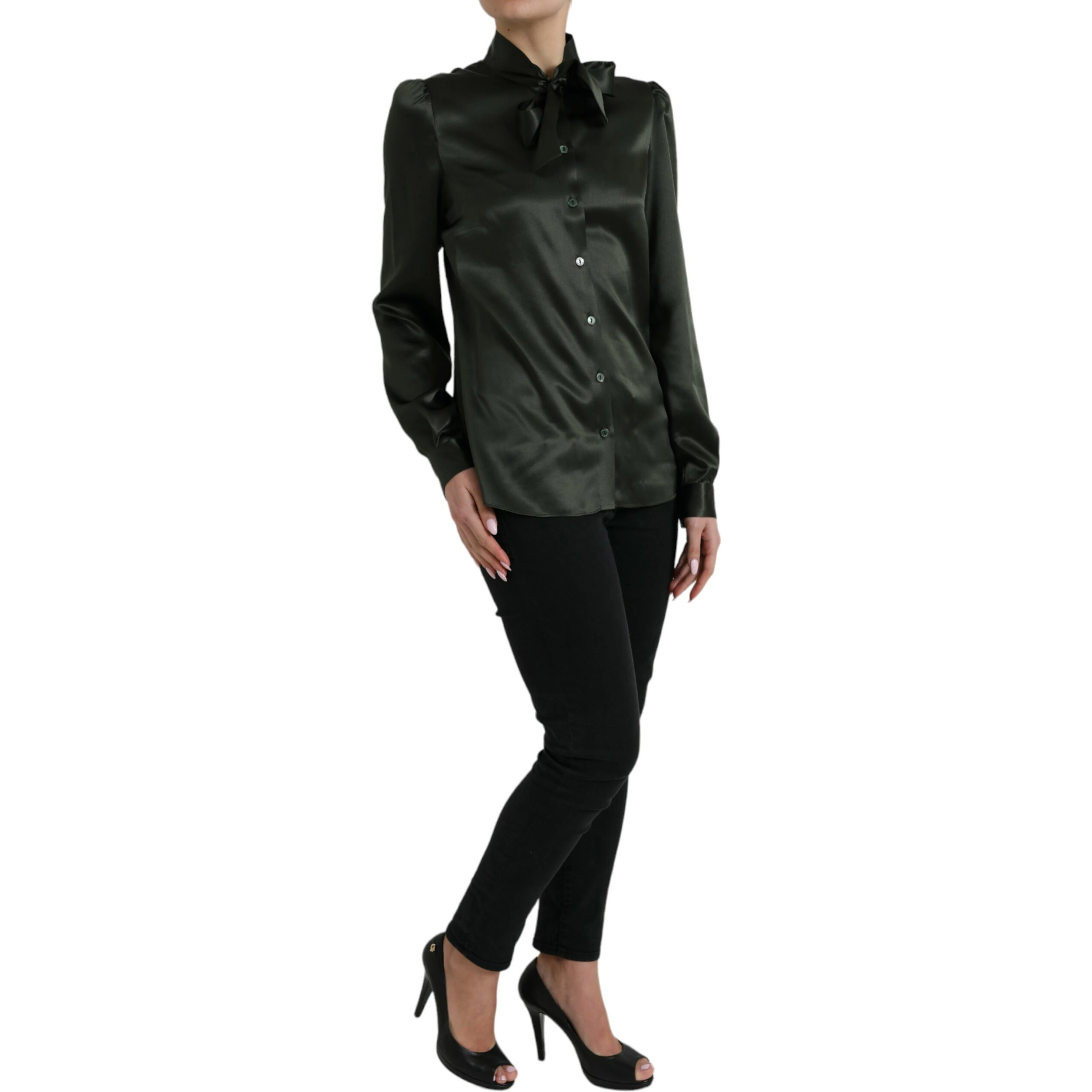 Gray Long Sleeves Ascot Collar Blouse Top