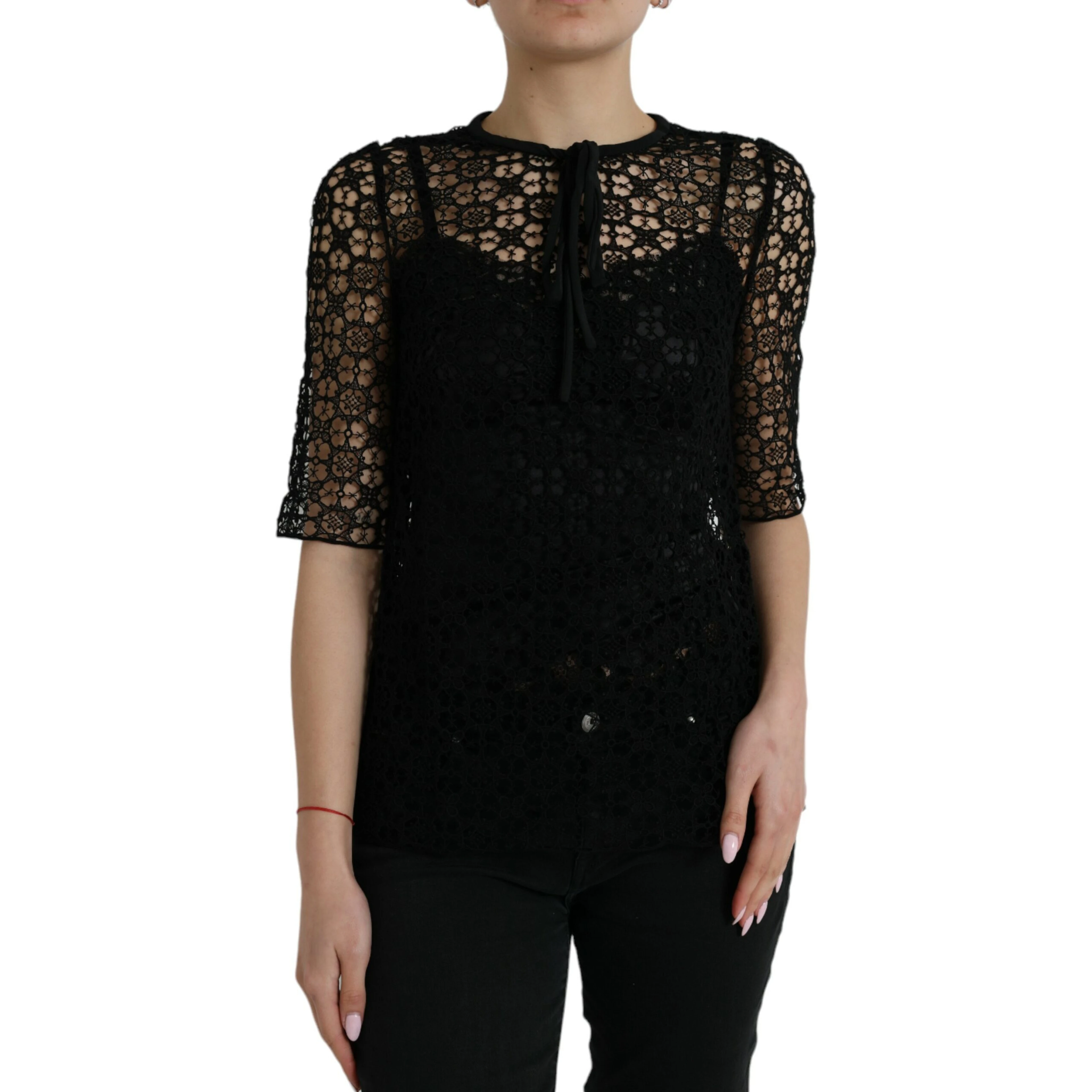 Black Floral Lace Short Sleeves Blouse Top