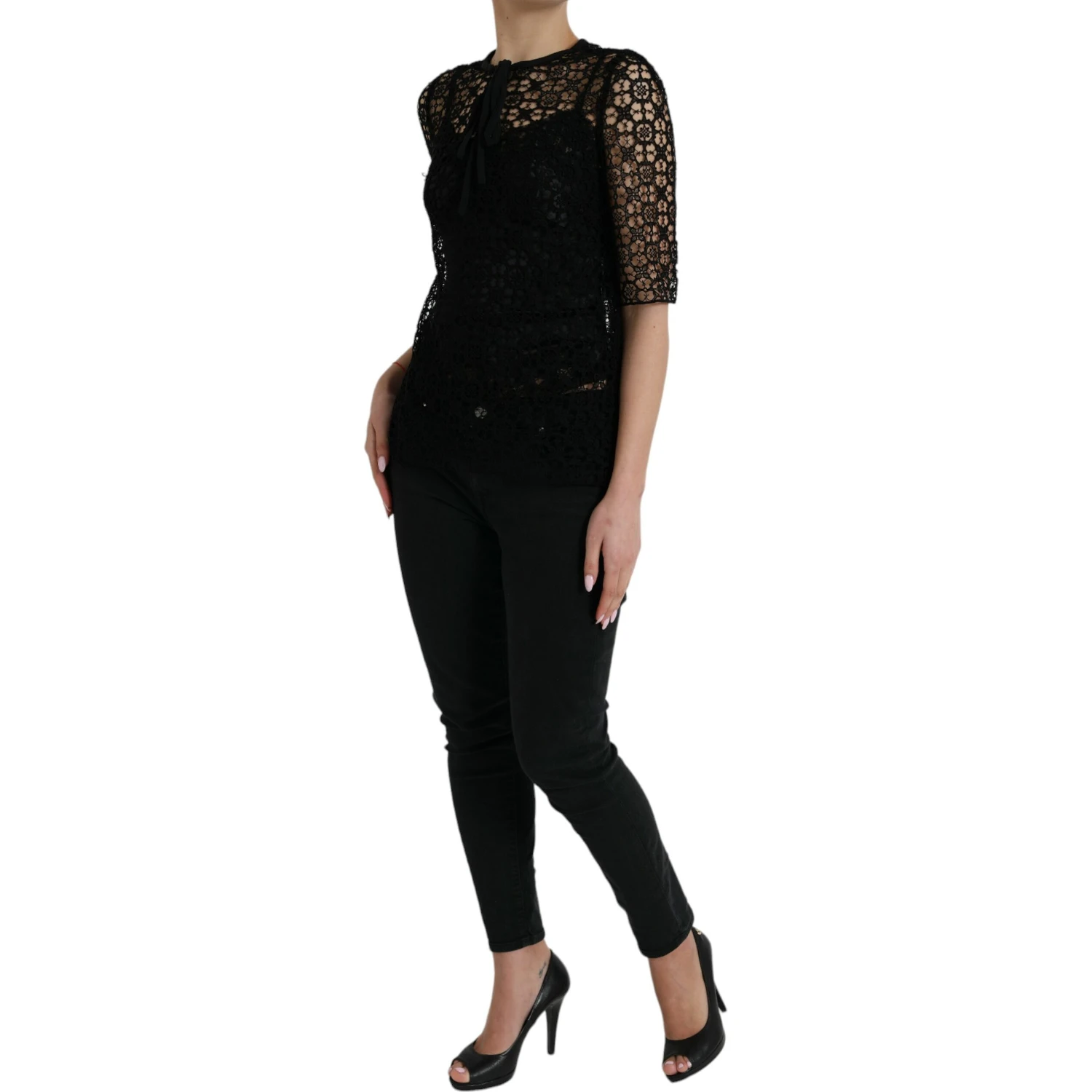 Black Floral Lace Short Sleeves Blouse Top