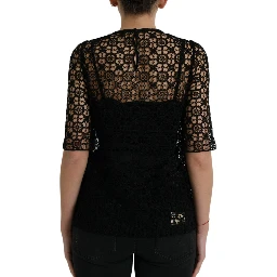 Black Floral Lace Short Sleeves Blouse Top