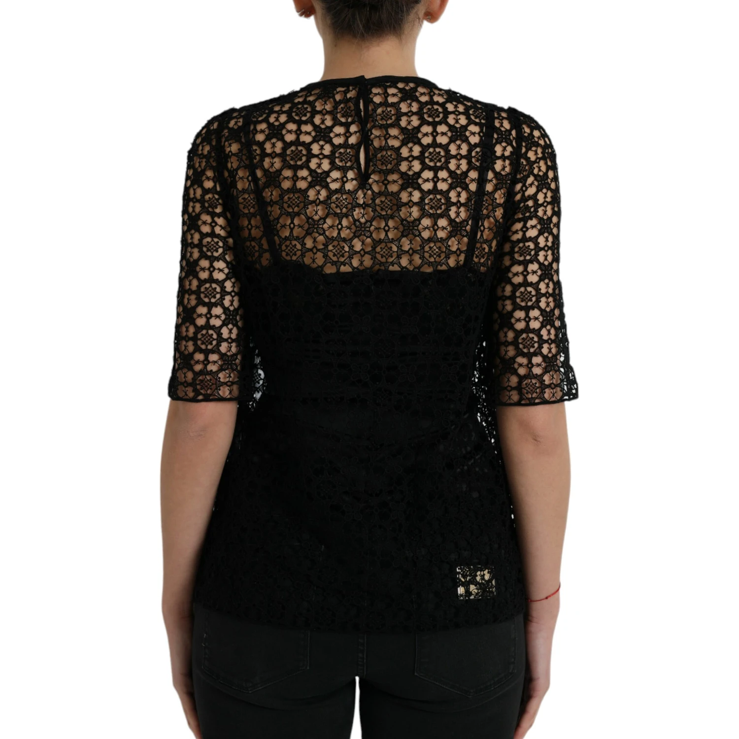 Black Floral Lace Short Sleeves Blouse Top