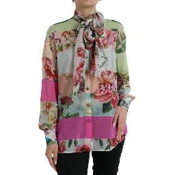 Multicolor Floral Patchwork Ascot Collar Top