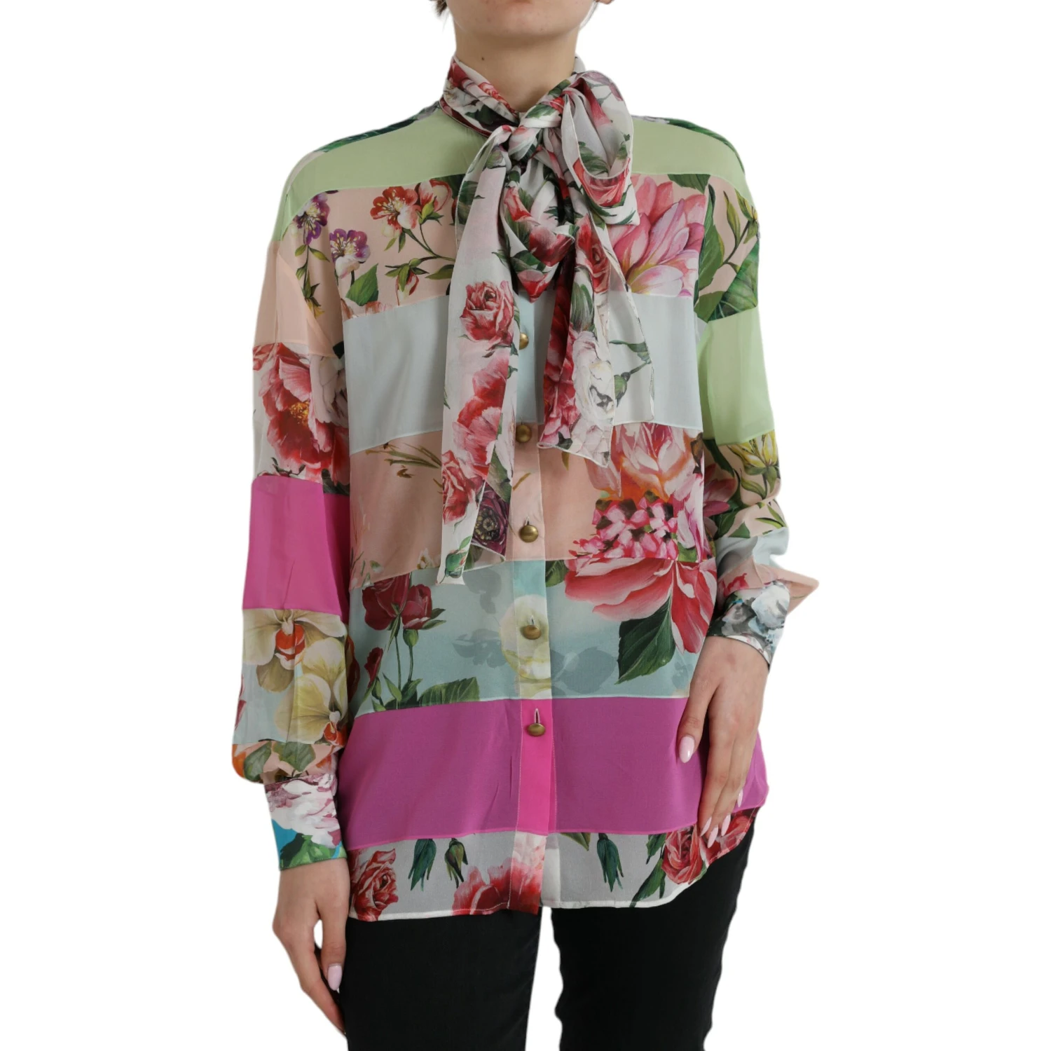 Multicolor Floral Patchwork Ascot Collar Top