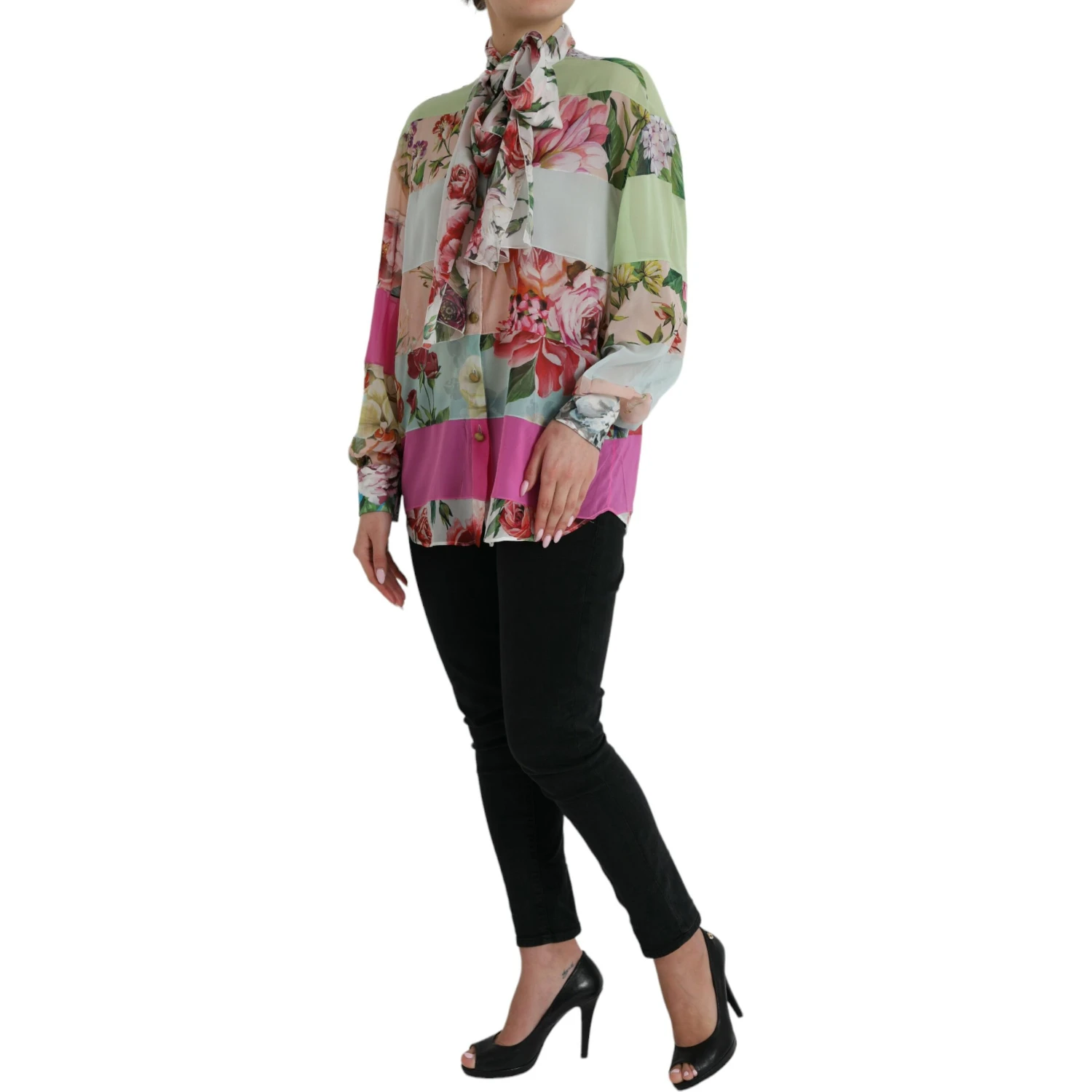 Multicolor Floral Patchwork Ascot Collar Top