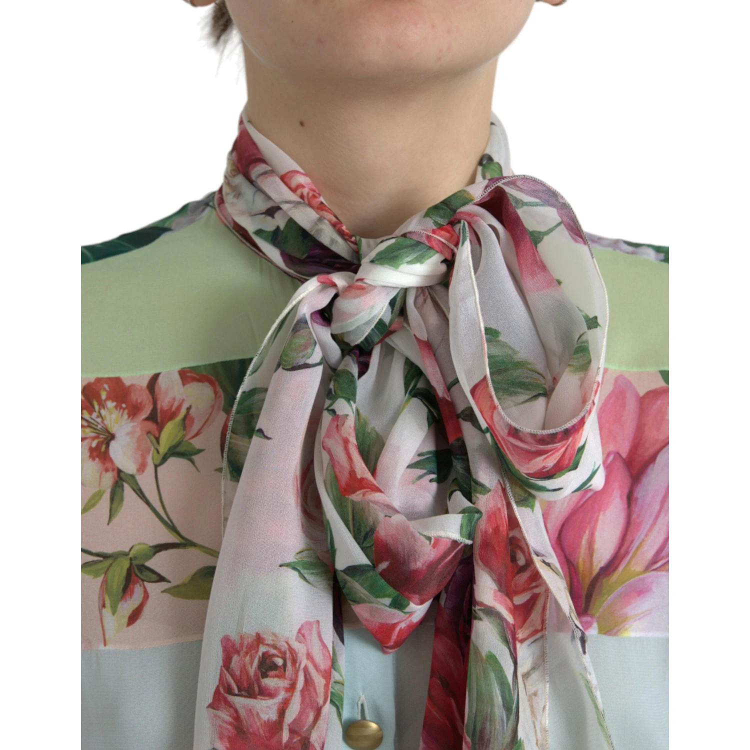 Multicolor Floral Patchwork Ascot Collar Top