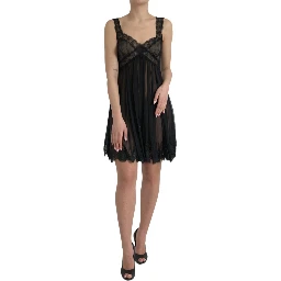 Black Silk Pleated Lace Chiffon Mini Dress