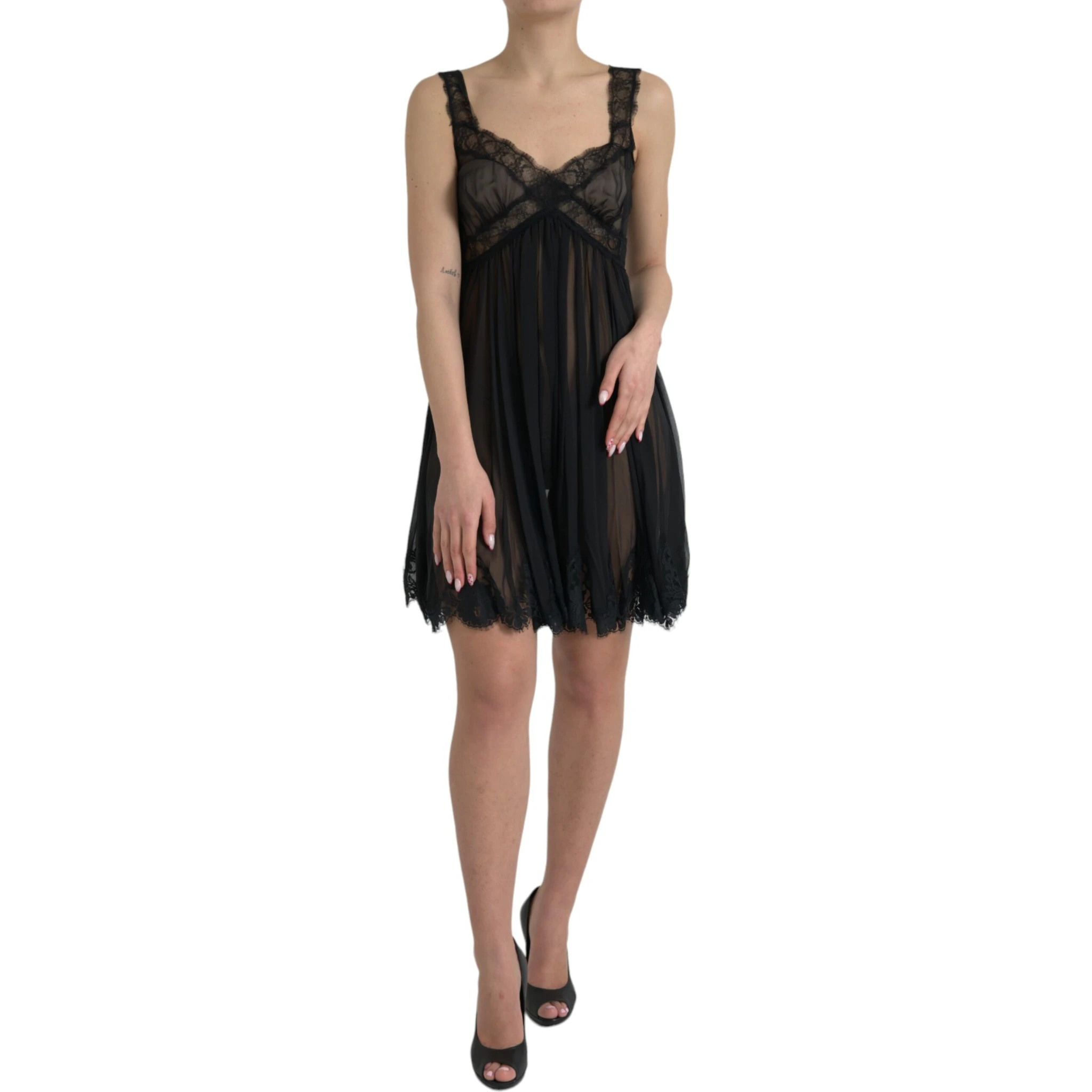 Black Silk Pleated Lace Chiffon Mini Dress