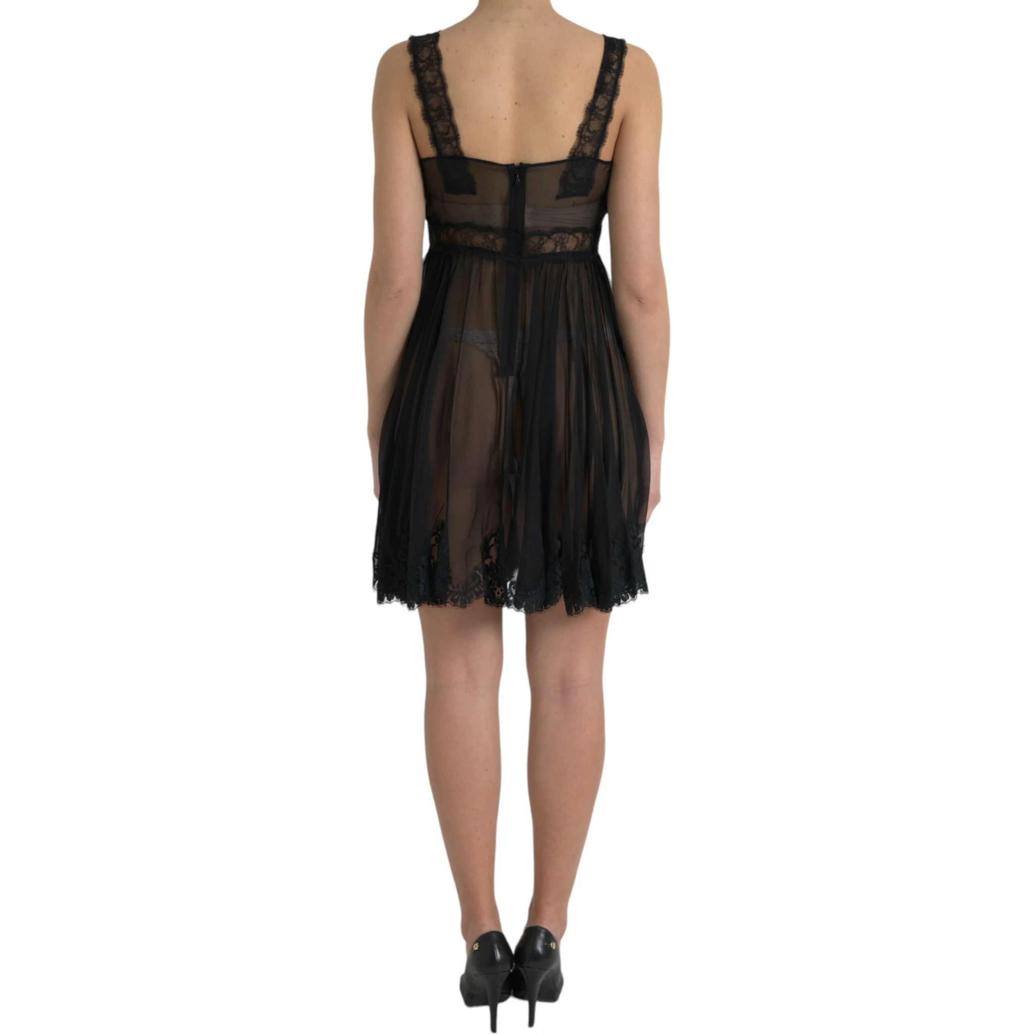 Black Silk Pleated Lace Chiffon Mini Dress