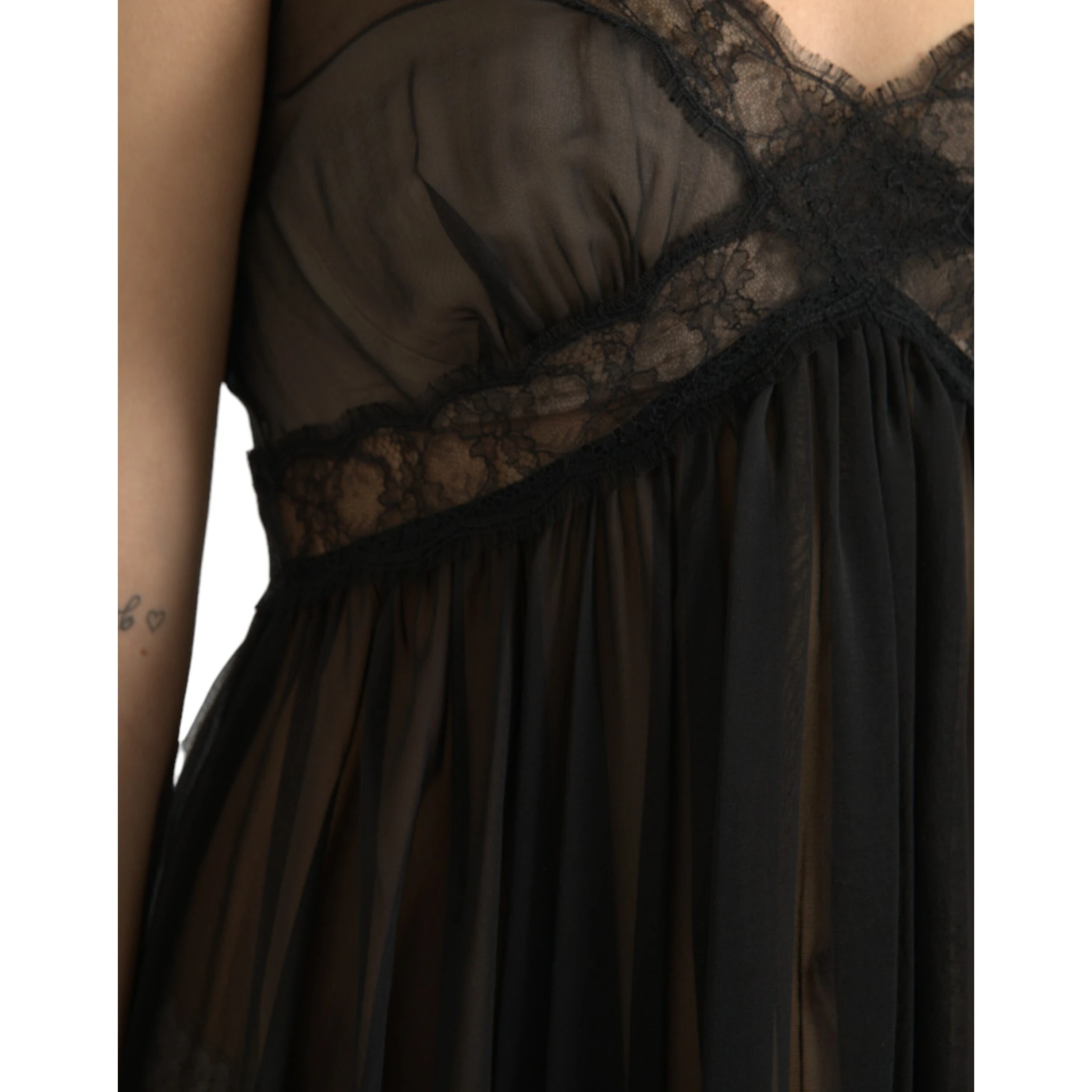 Black Silk Pleated Lace Chiffon Mini Dress