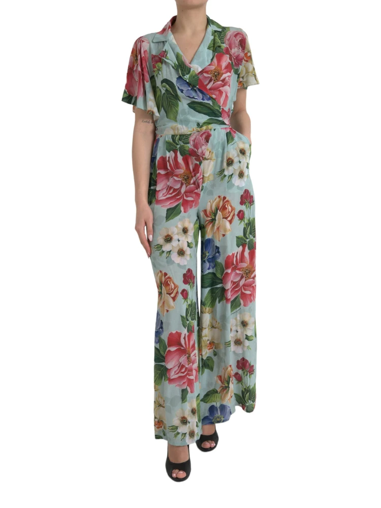 Blue Floral Wide Leg Wrap Jumpsuit Dress