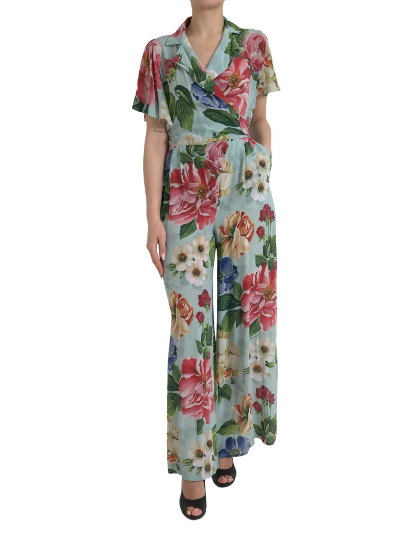 Blue Floral Wide Leg Wrap Jumpsuit Dress