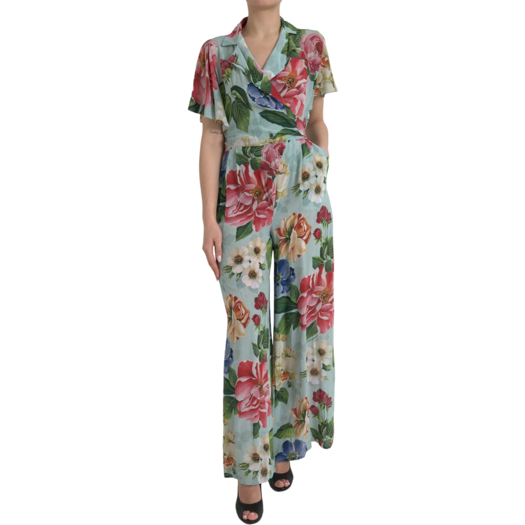 Blue Floral Wide Leg Wrap Jumpsuit Dress