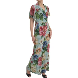 Blue Floral Wide Leg Wrap Jumpsuit Dress