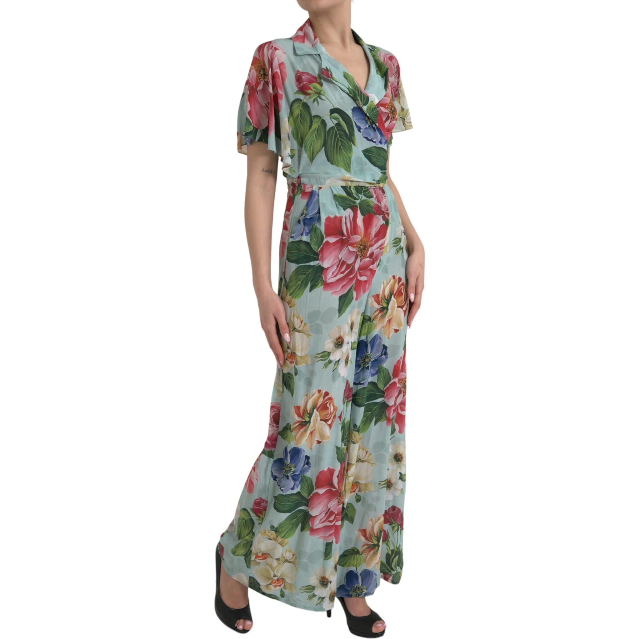 Blue Floral Wide Leg Wrap Jumpsuit Dress