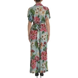 Blue Floral Wide Leg Wrap Jumpsuit Dress