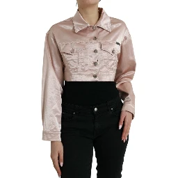 Pink Cotton Stretch Collared Cropped Jacket
