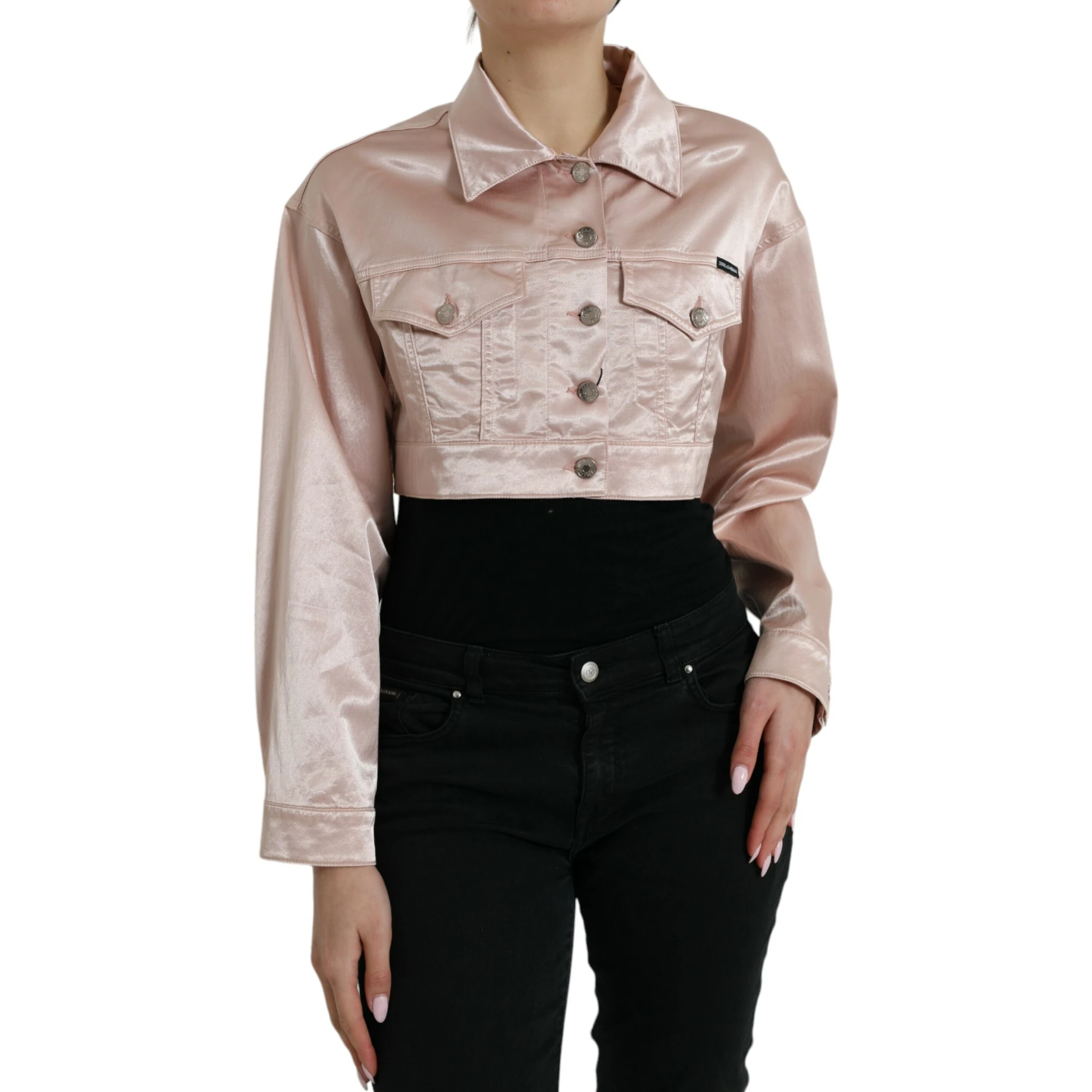 Pink Cotton Stretch Collared Cropped Jacket