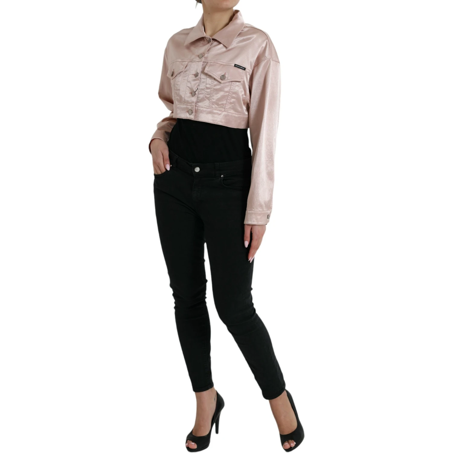 Pink Cotton Stretch Collared Cropped Jacket