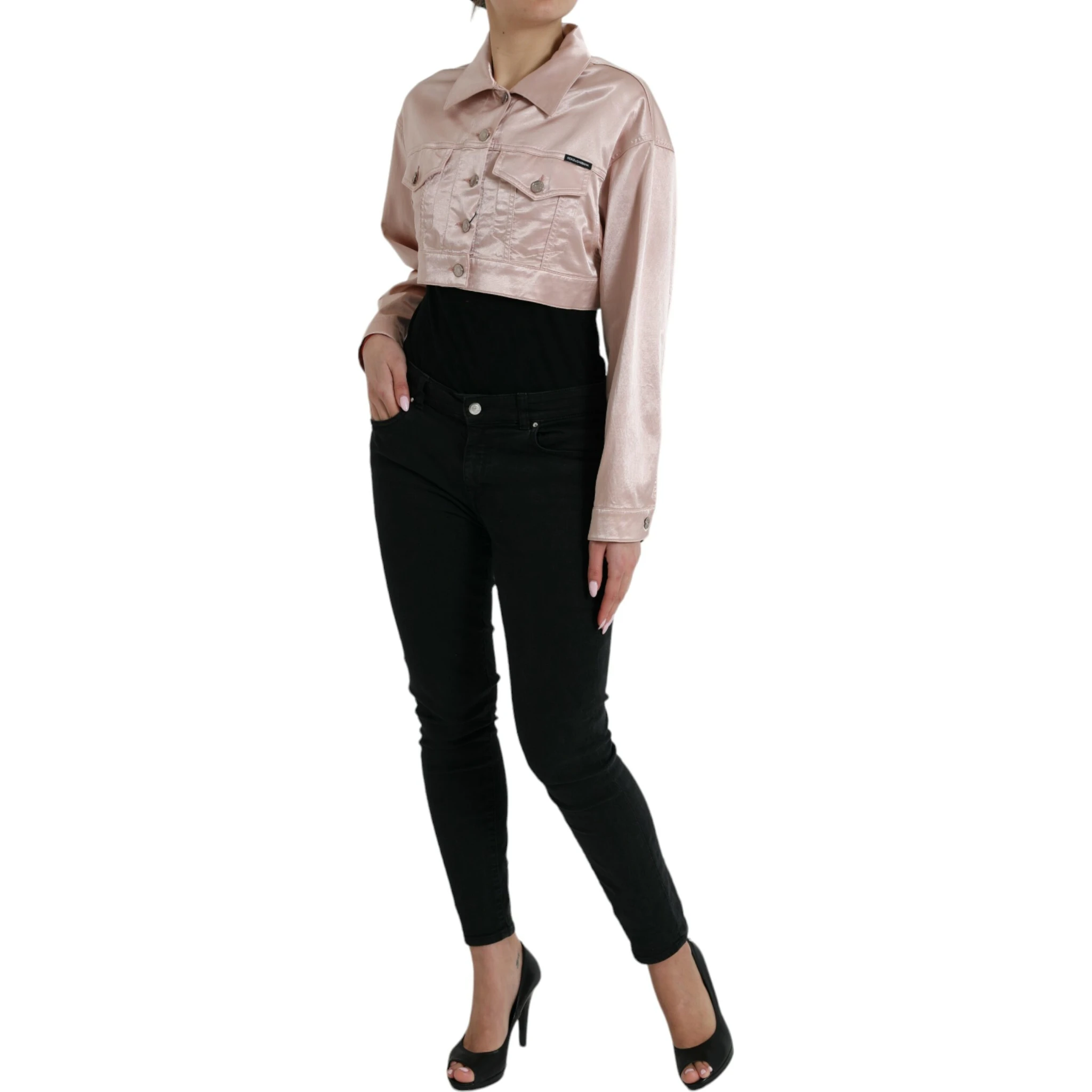 Pink Cotton Stretch Collared Cropped Jacket