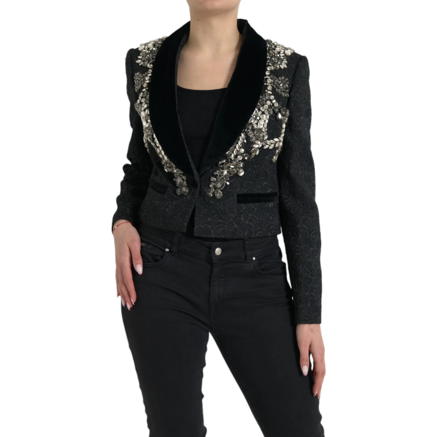 Black Crystal Embellished Overcoat Jacket