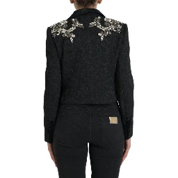 Black Crystal Embellished Overcoat Jacket