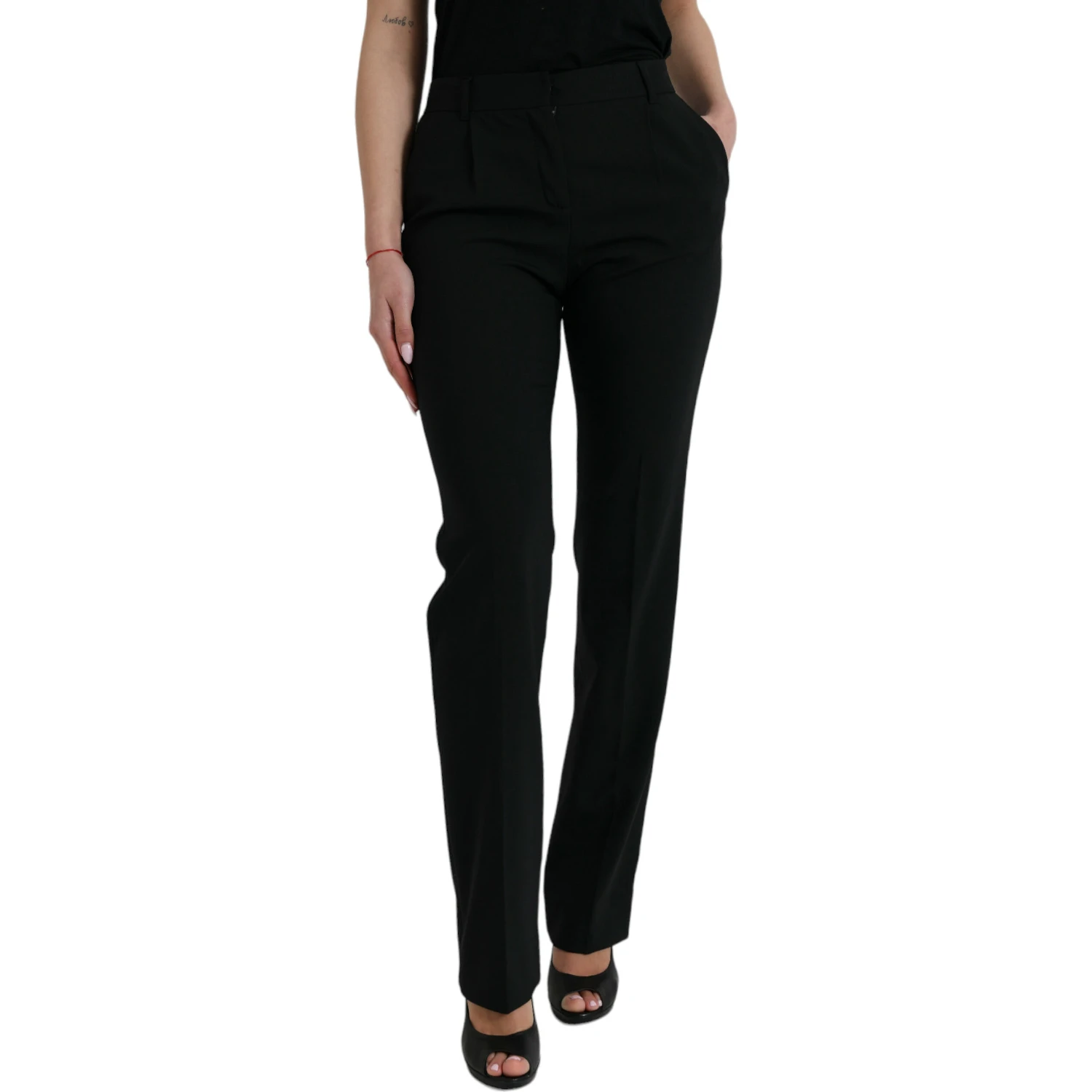 Black Wool Mid Waist Tapered Pants