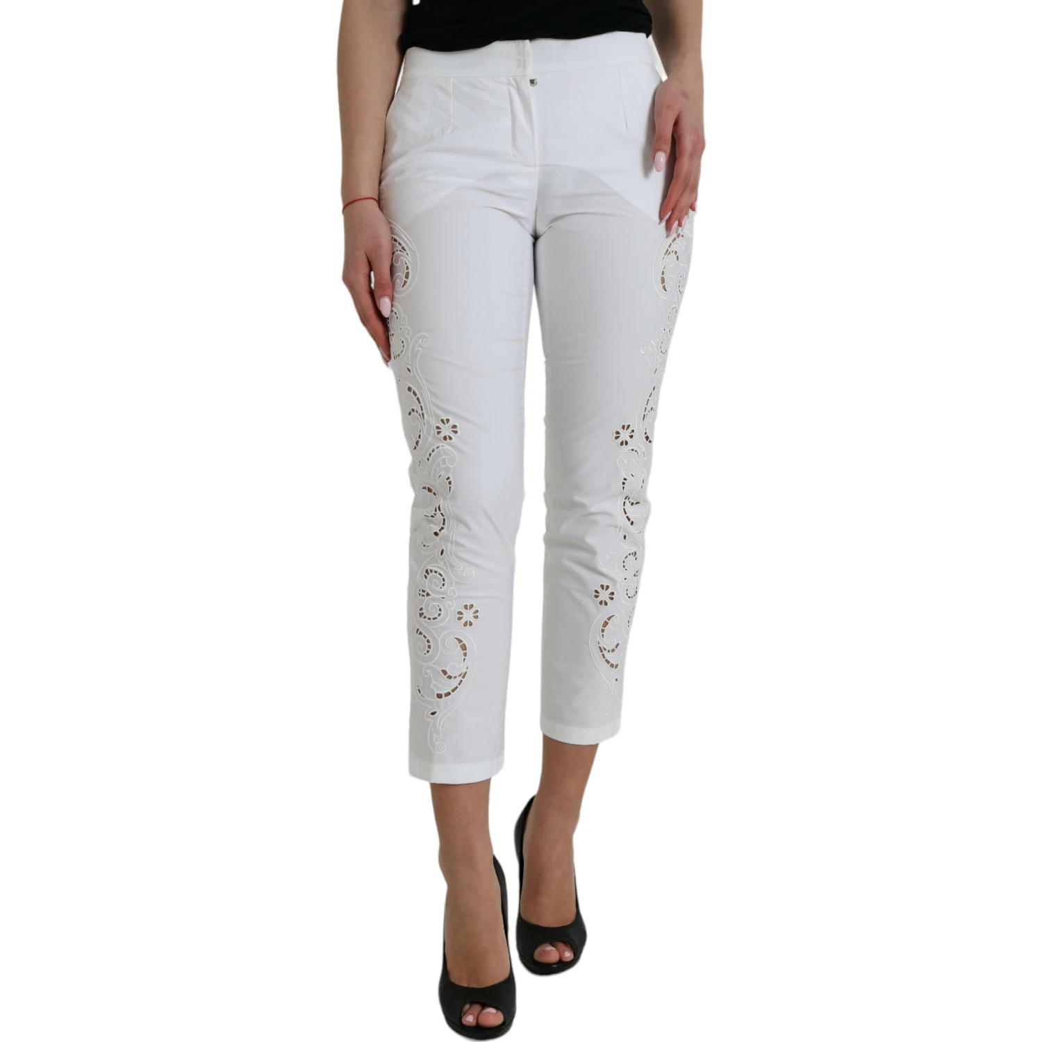 White Cut Out Cotton Mid Waist Cropped Pants