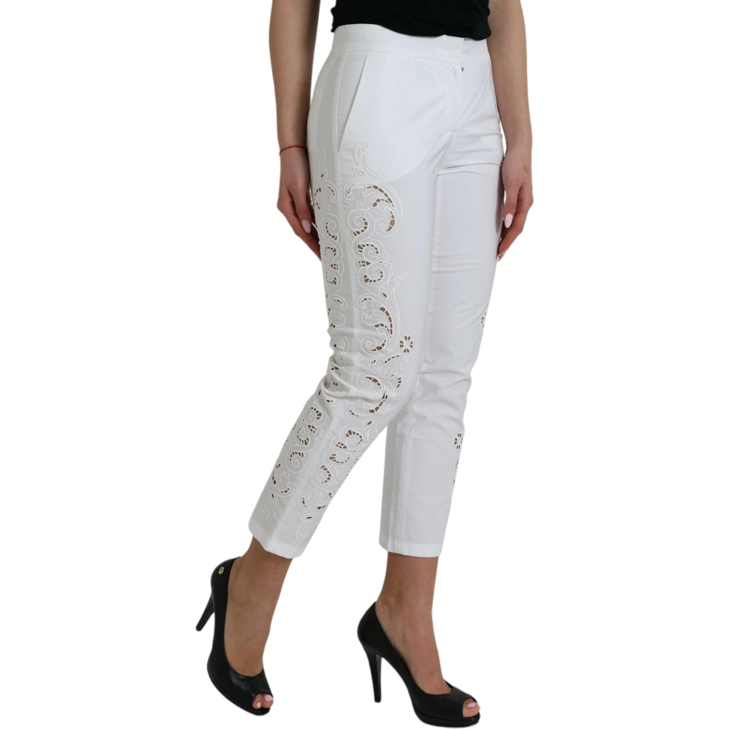 White Cut Out Cotton Mid Waist Cropped Pants