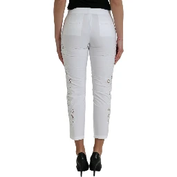 White Cut Out Cotton Mid Waist Cropped Pants