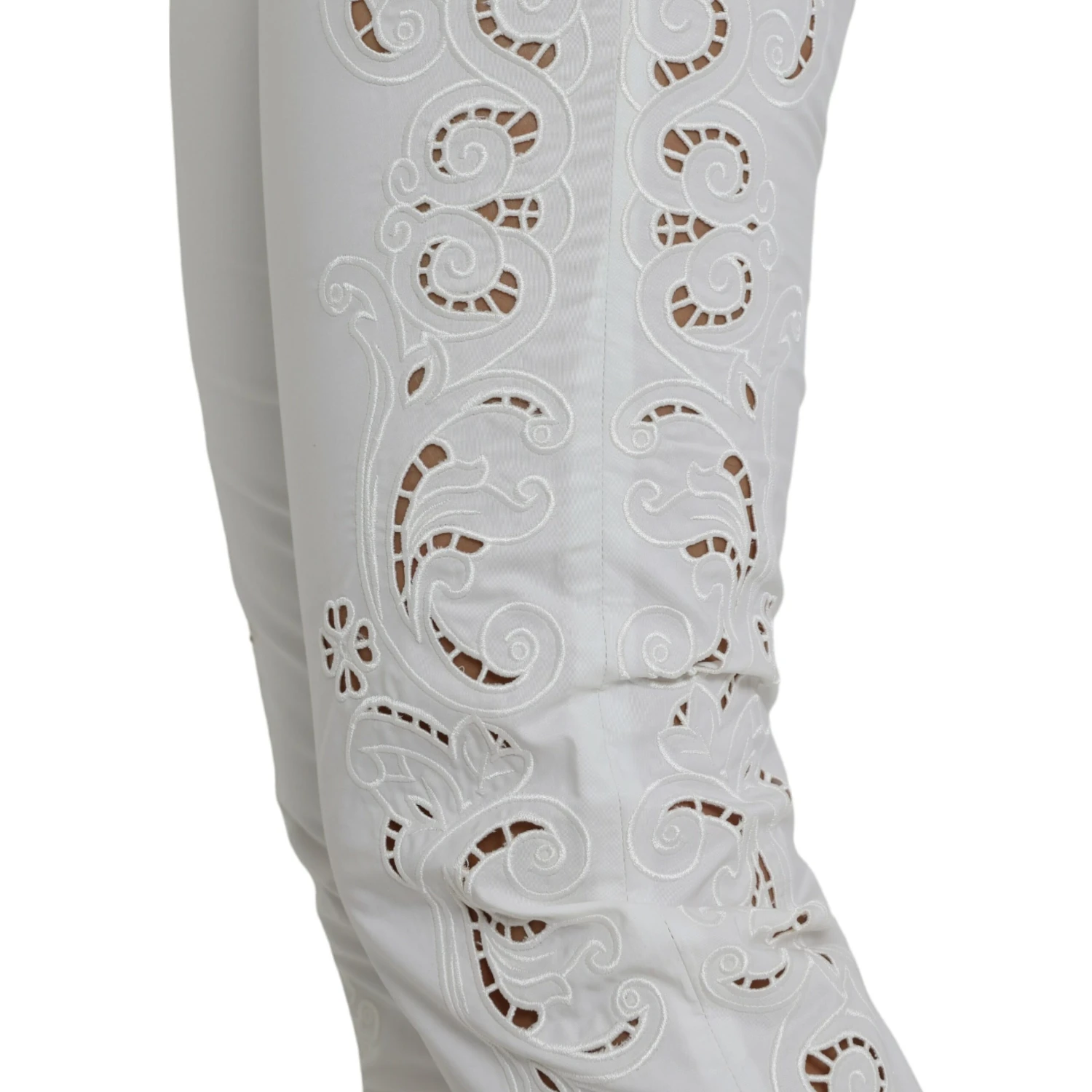 White Cut Out Cotton Mid Waist Cropped Pants