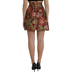 Maroon Floral Jacquard A-line Mini Skirt