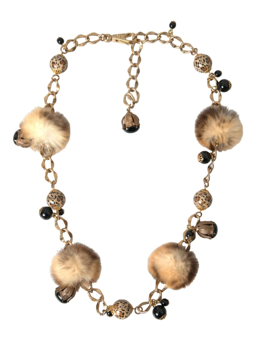 Gold Brass Leopard Fur Pearl Collier Chain Belt