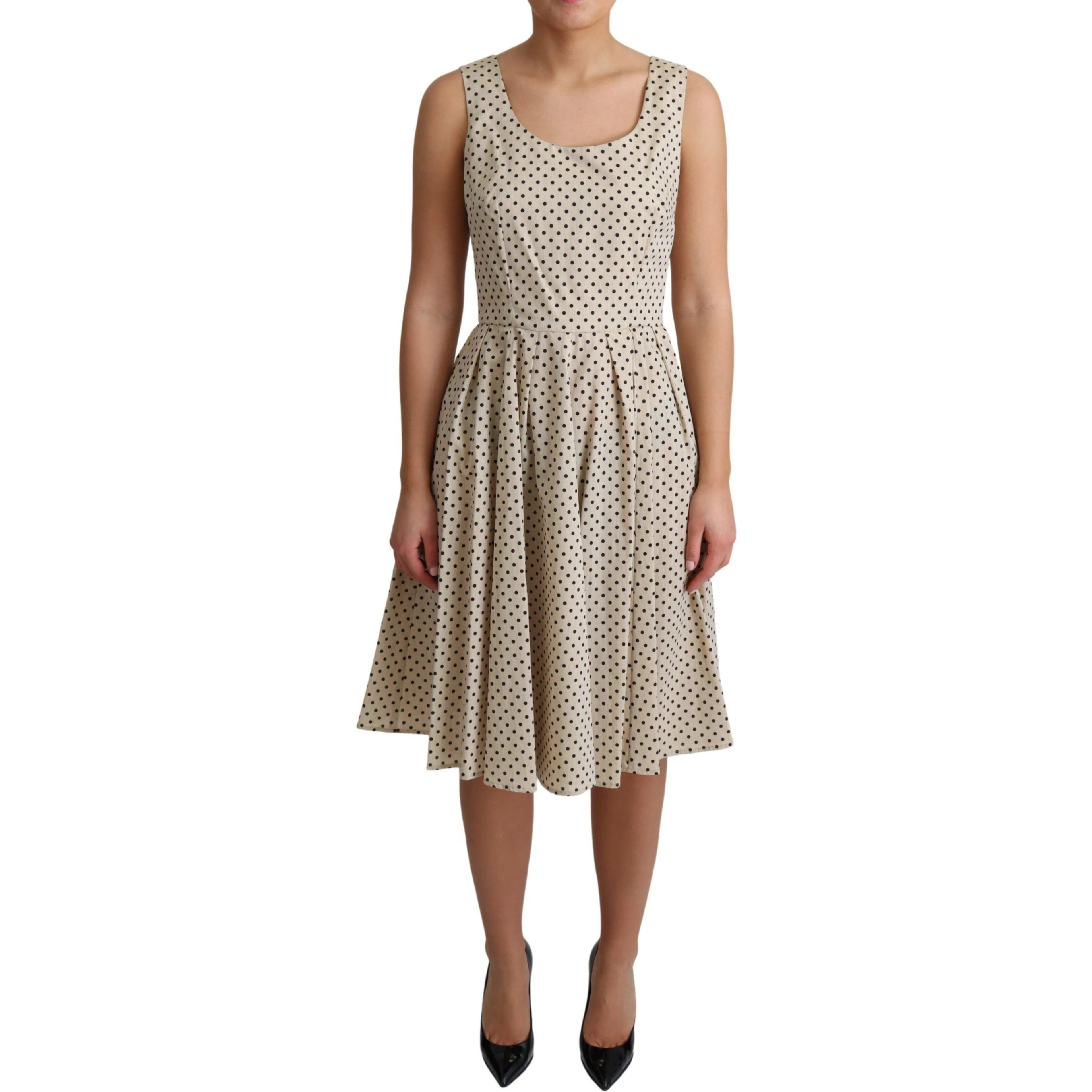 Beige Polka Dotted Cotton A-Line Dress