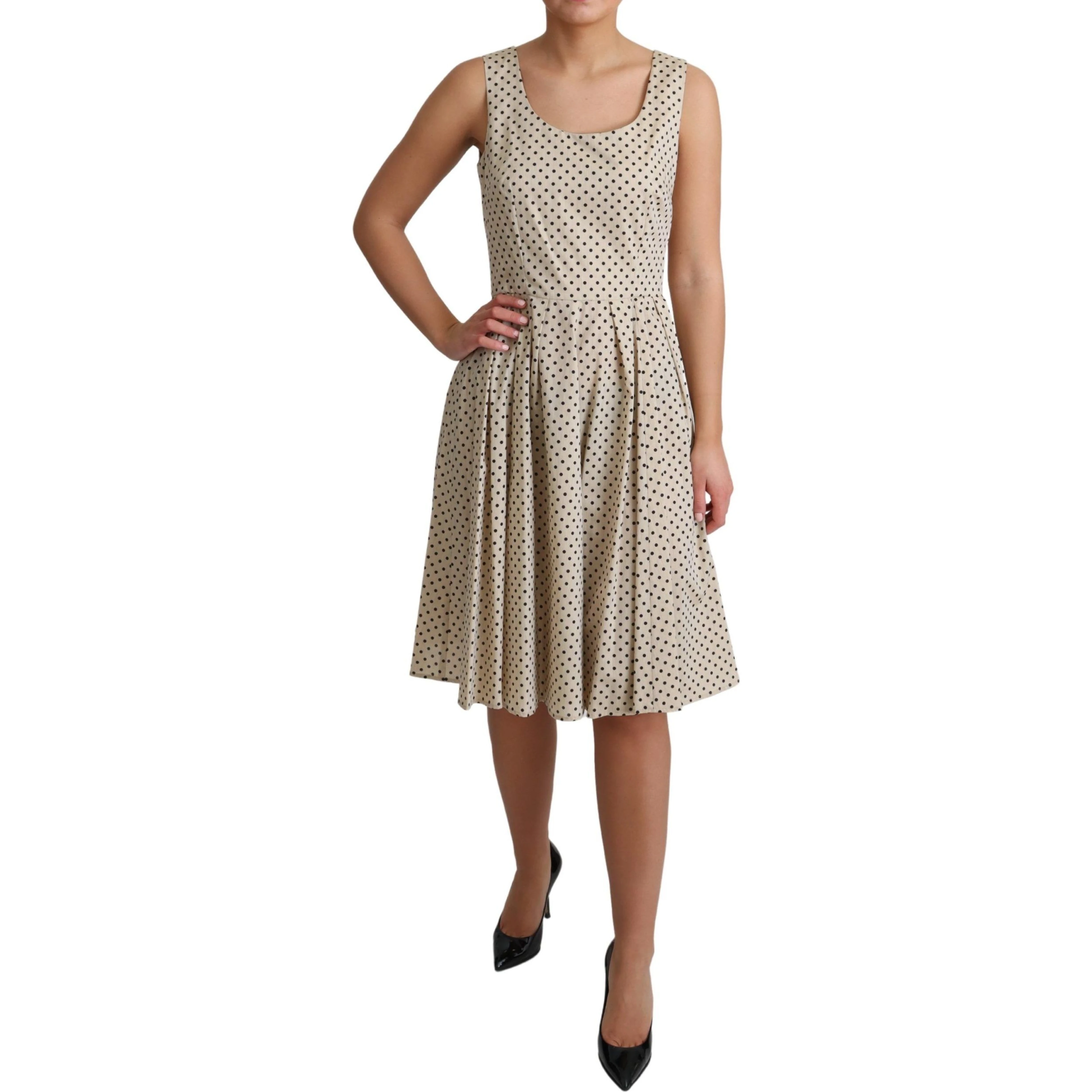 Beige Polka Dotted Cotton A-Line Dress