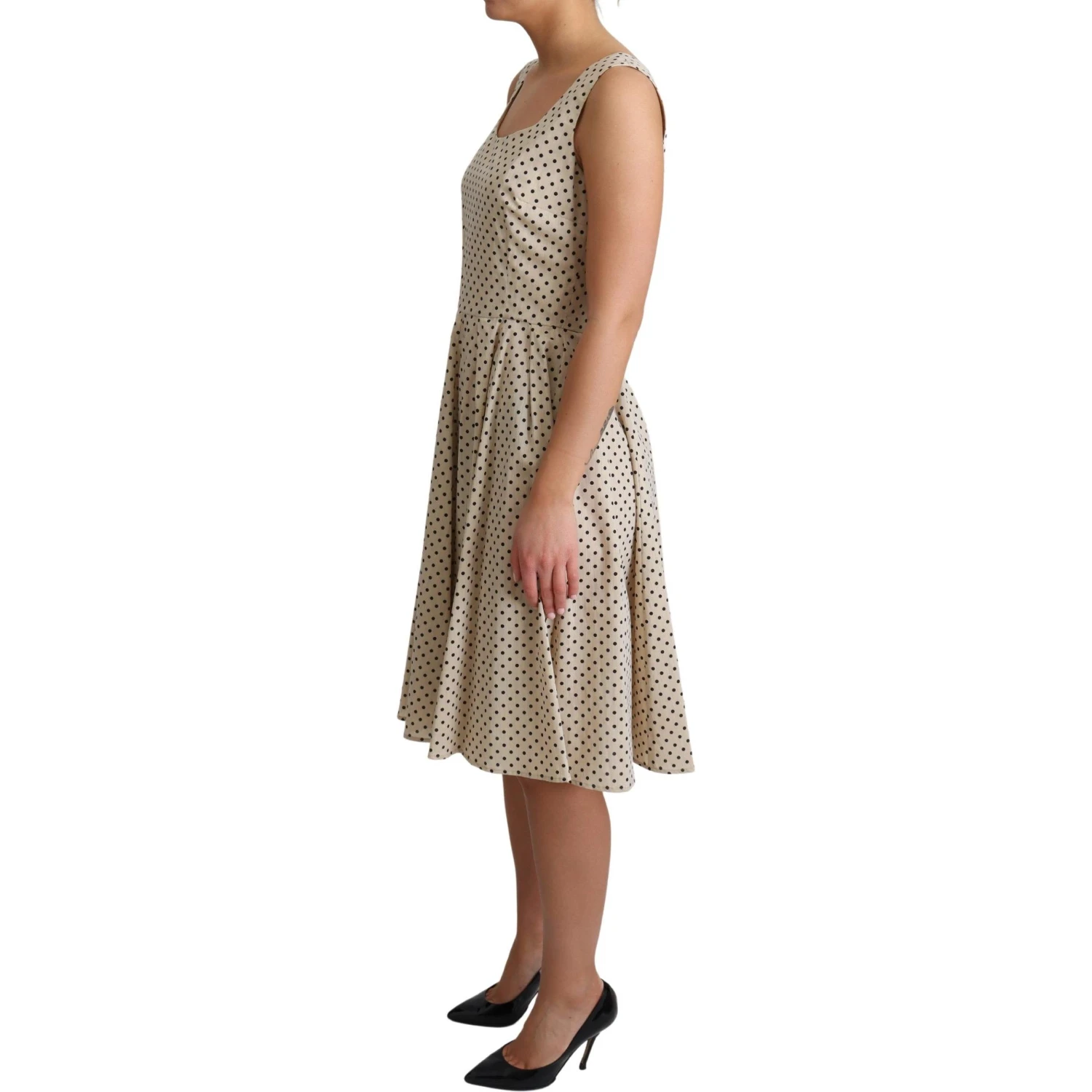 Beige Polka Dotted Cotton A-Line Dress