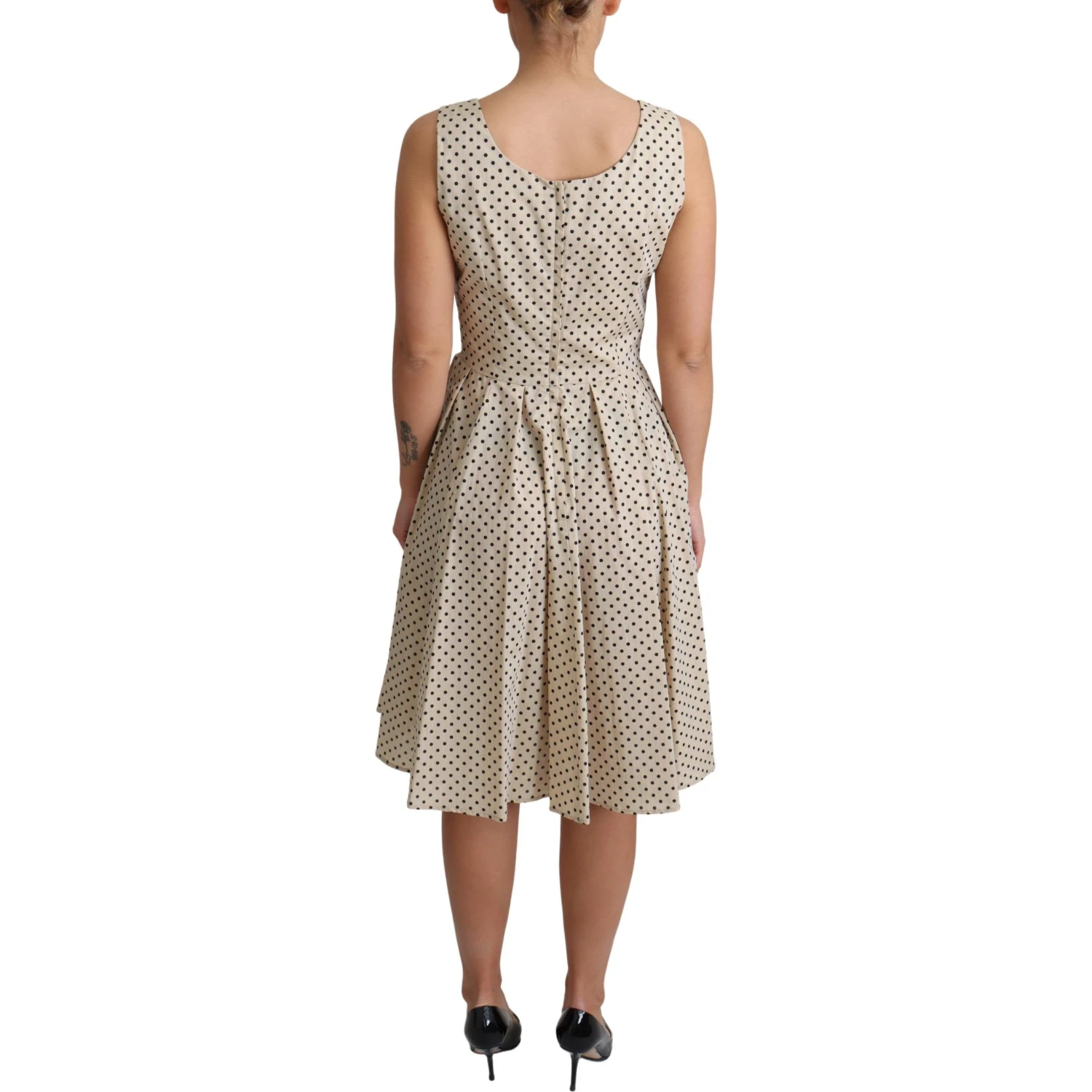 Beige Polka Dotted Cotton A-Line Dress