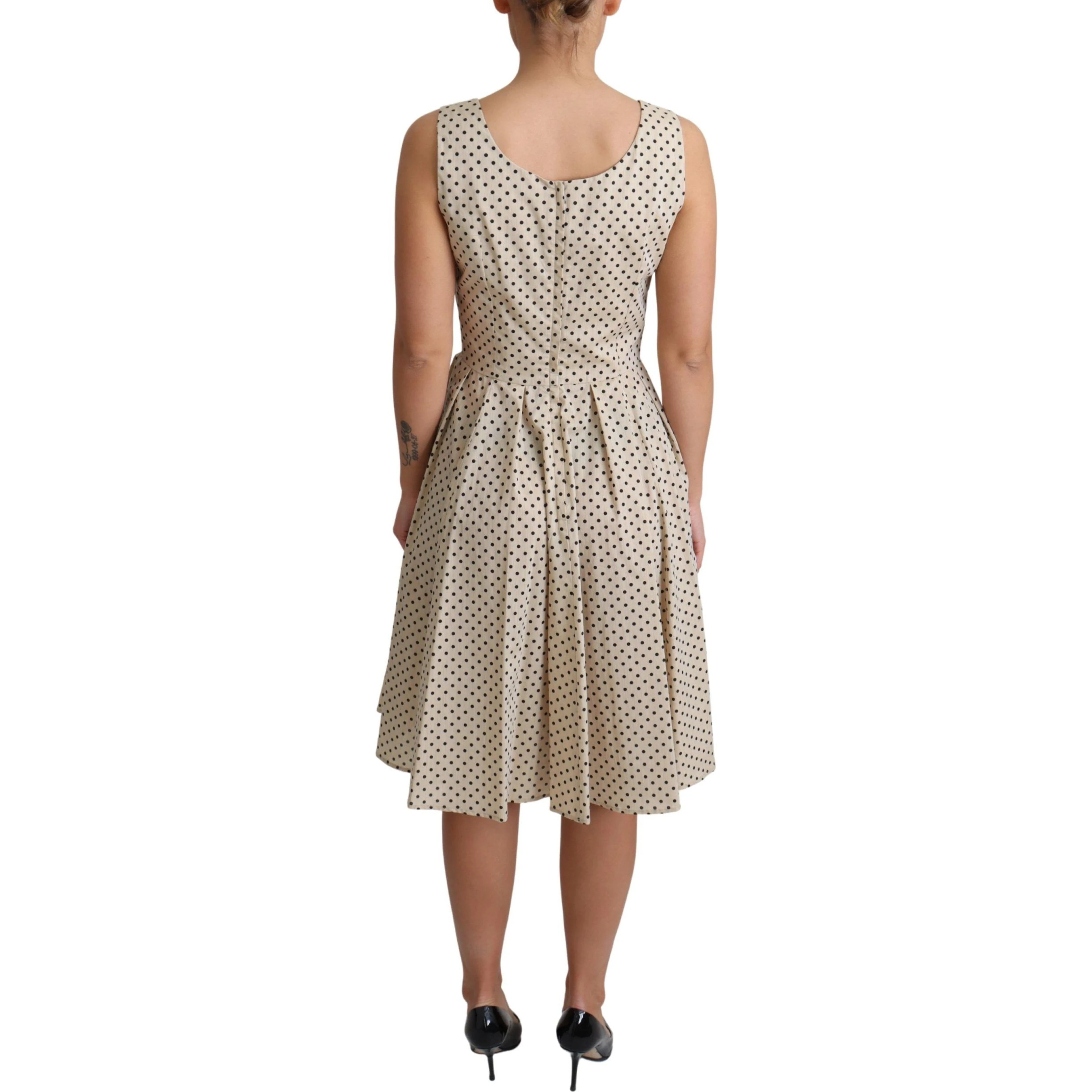 Beige Polka Dotted Cotton A-Line Dress