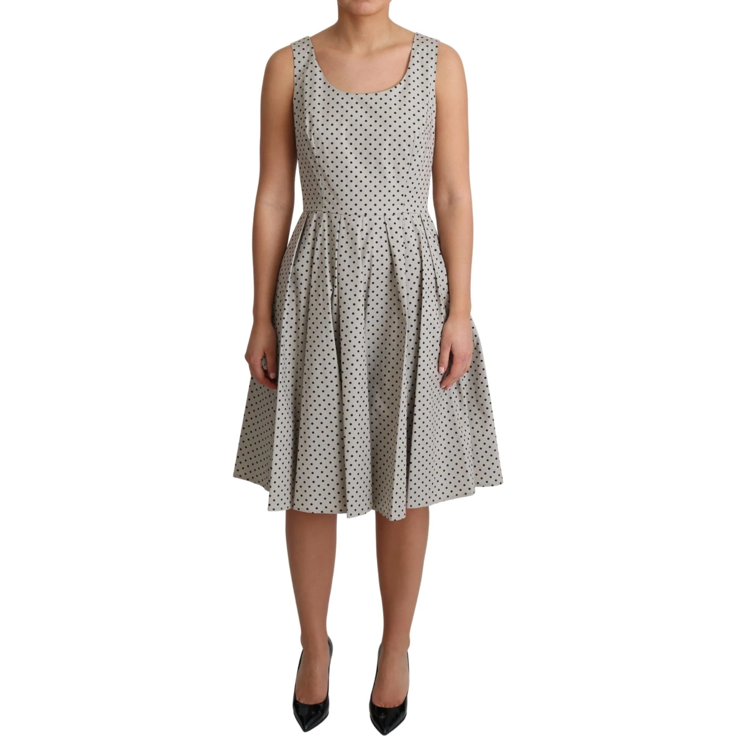 Beige Polka Dotted Cotton A-Line Dress