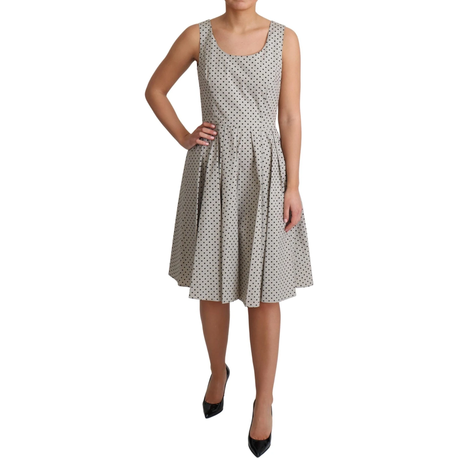 Beige Polka Dotted Cotton A-Line Dress