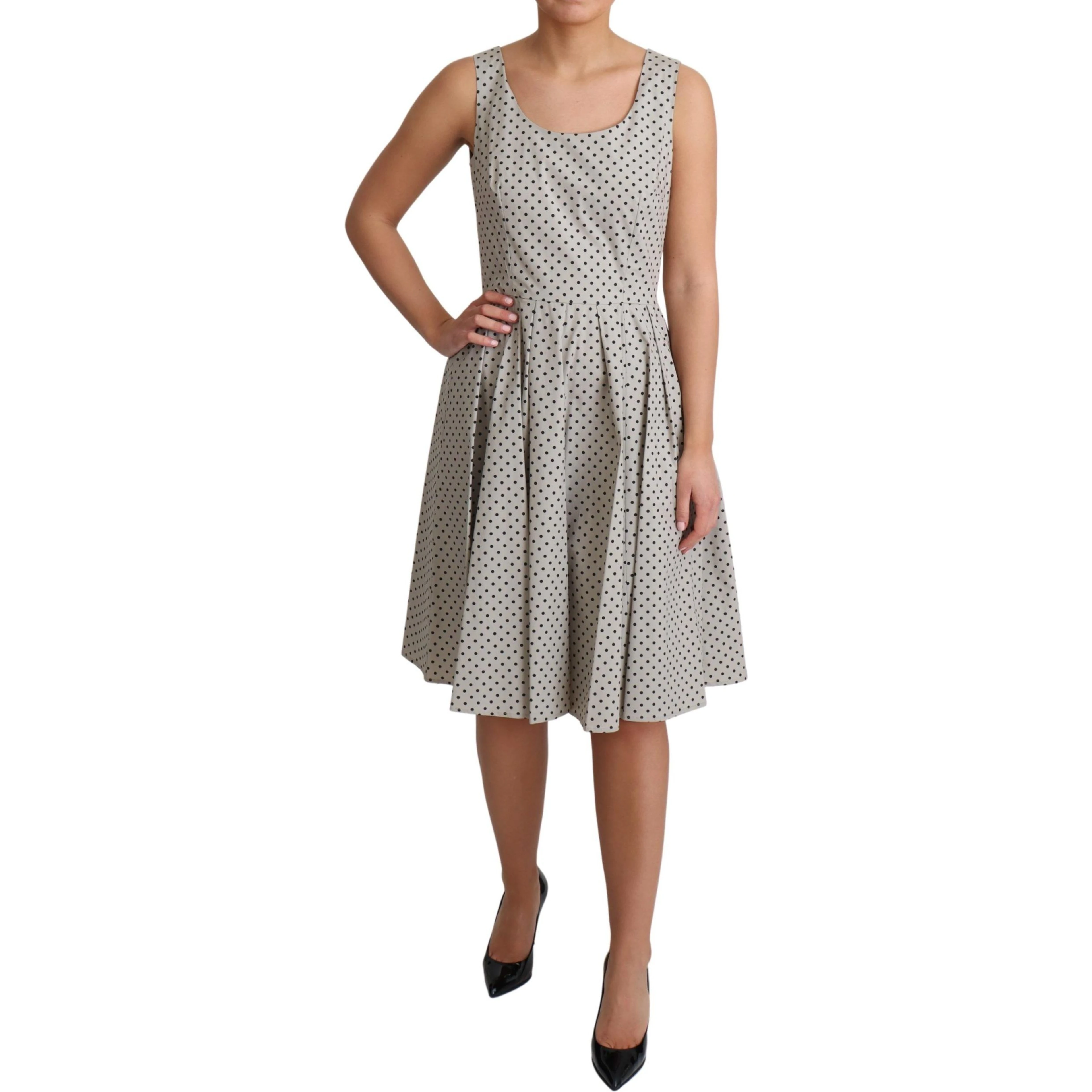 Beige Polka Dotted Cotton A-Line Dress