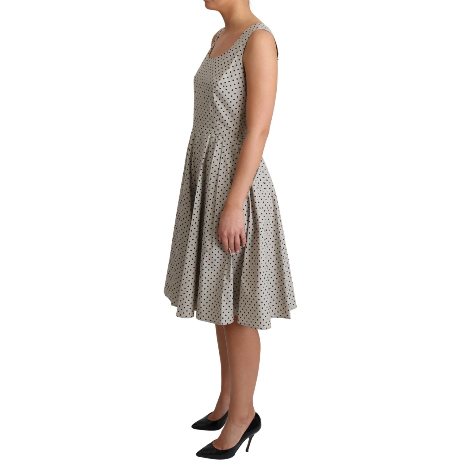 Beige Polka Dotted Cotton A-Line Dress