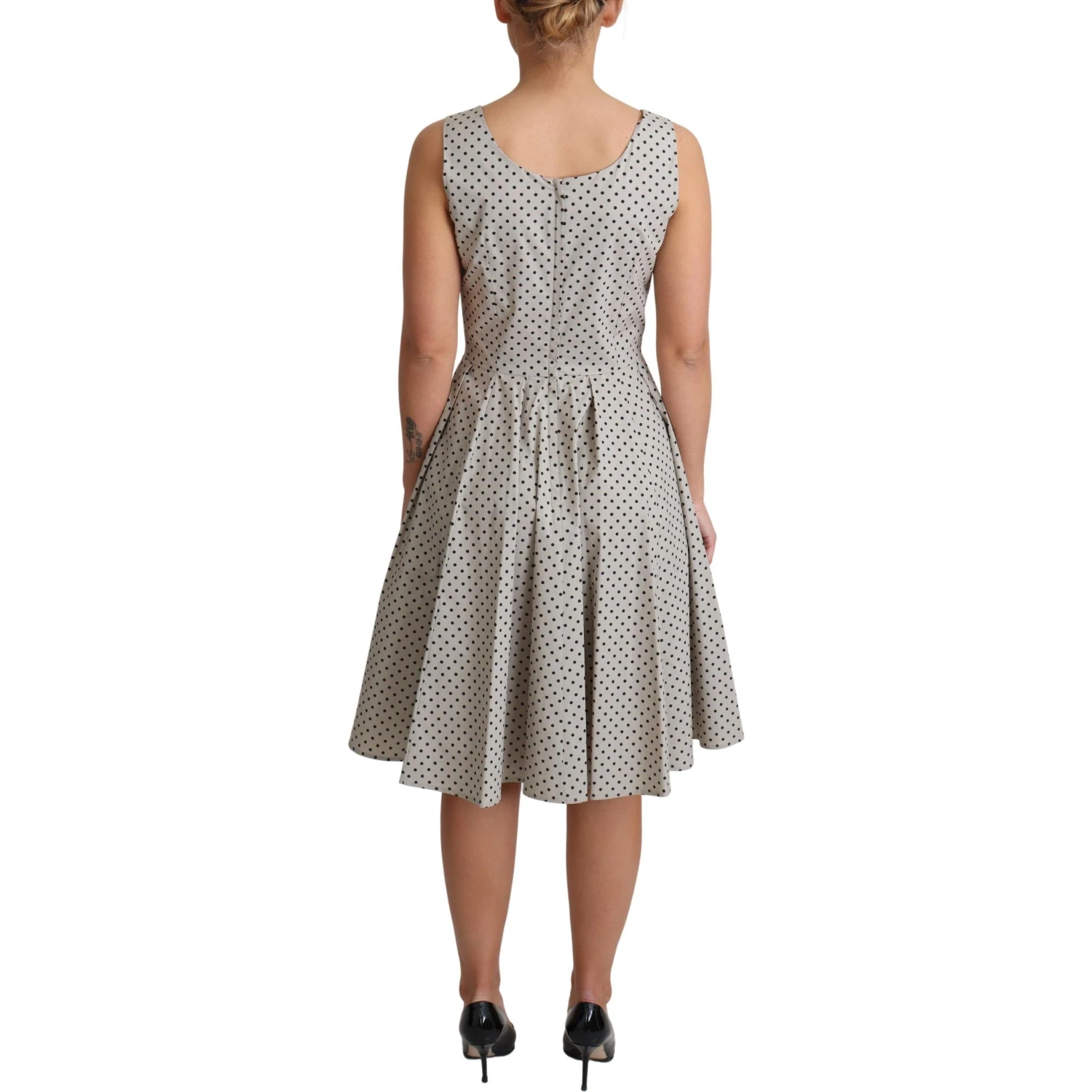 Beige Polka Dotted Cotton A-Line Dress