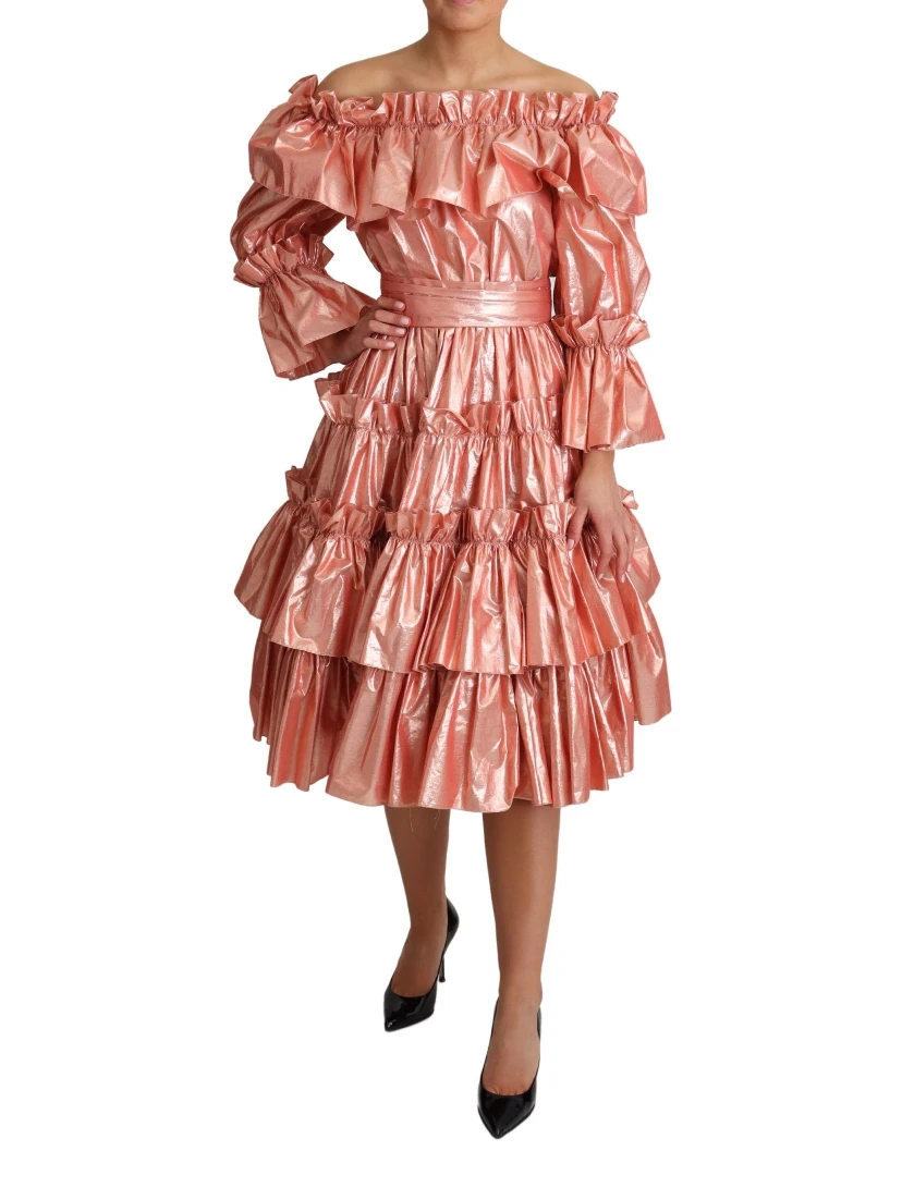 Pink Ruffled Dress Silk Cotton Gown Dress