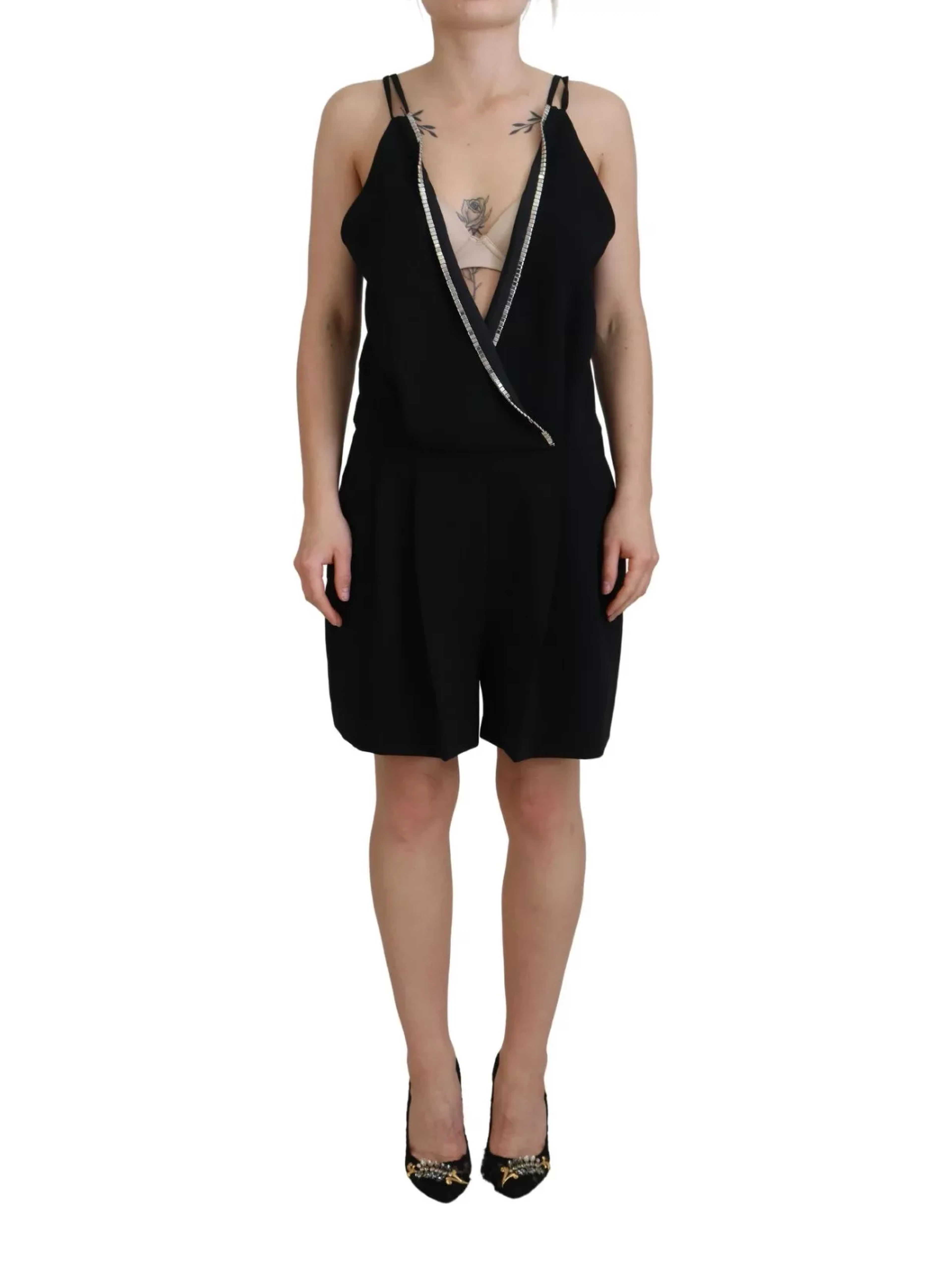 Black Embellished Sleeveless V-neck Jumpsuit Dress