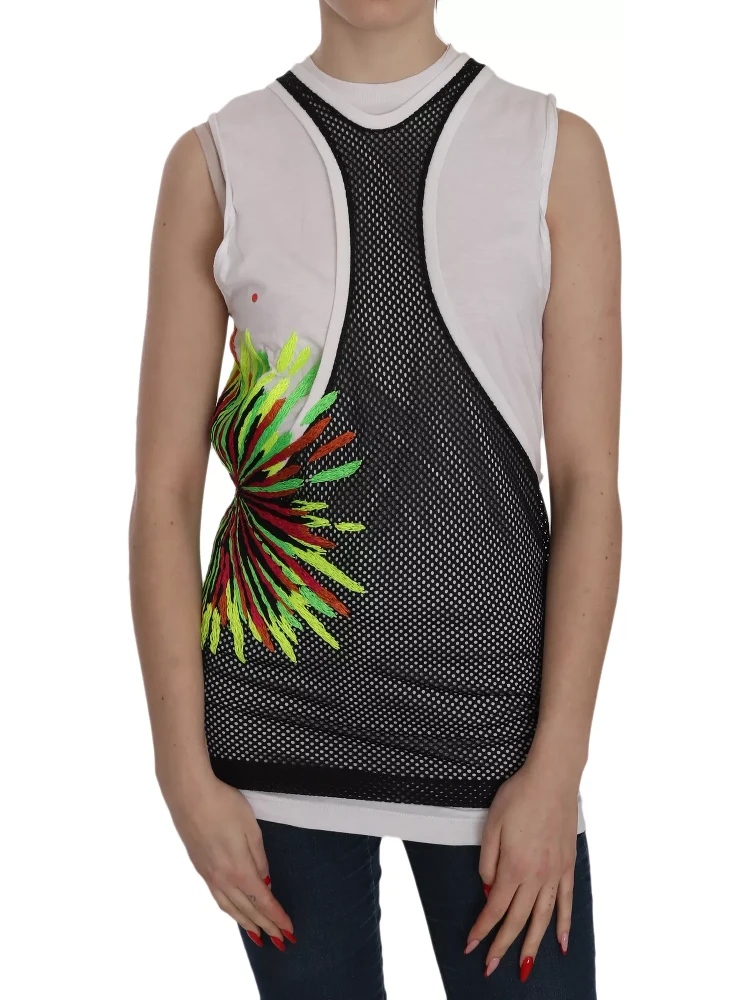 Black White Crew Neck Sleeveless Cotton Blouse