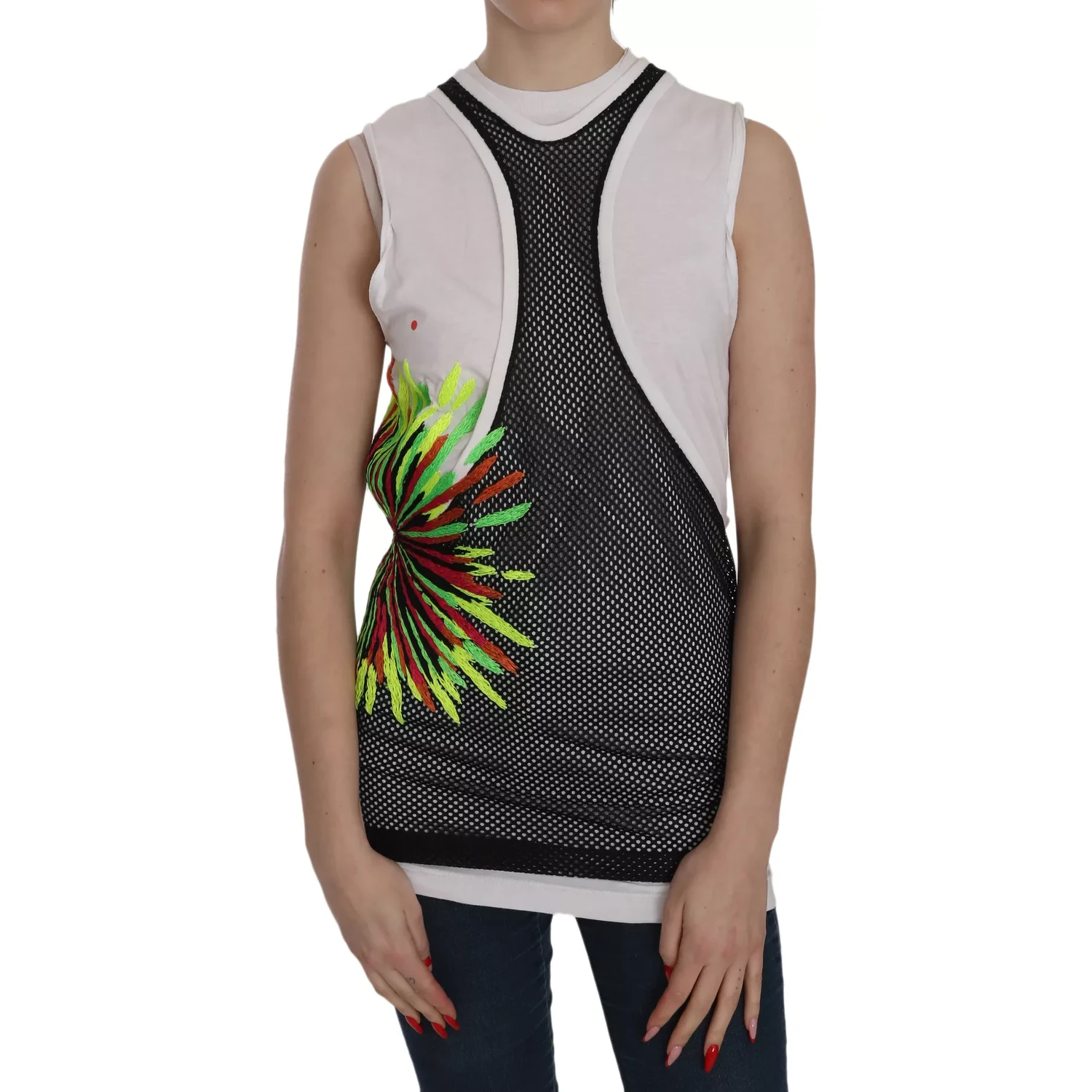 Black White Crew Neck Sleeveless Cotton Blouse