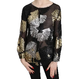Gold Silver Silk Jacquard See Through Top Blouse