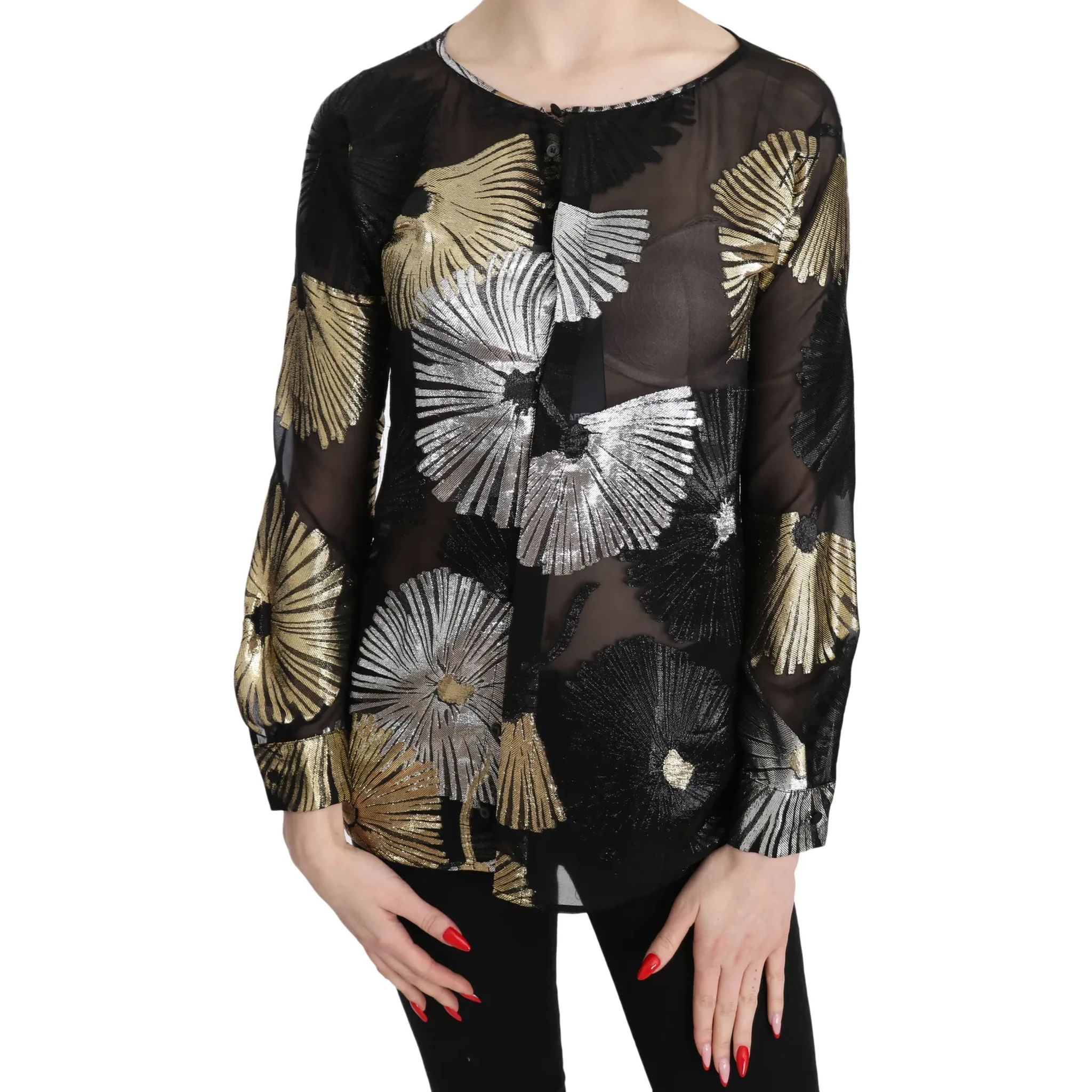 Gold Silver Silk Jacquard See Through Top Blouse