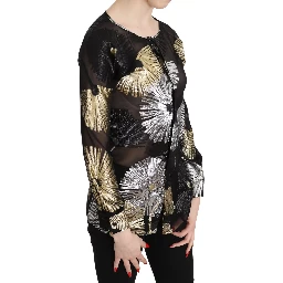 Gold Silver Silk Jacquard See Through Top Blouse