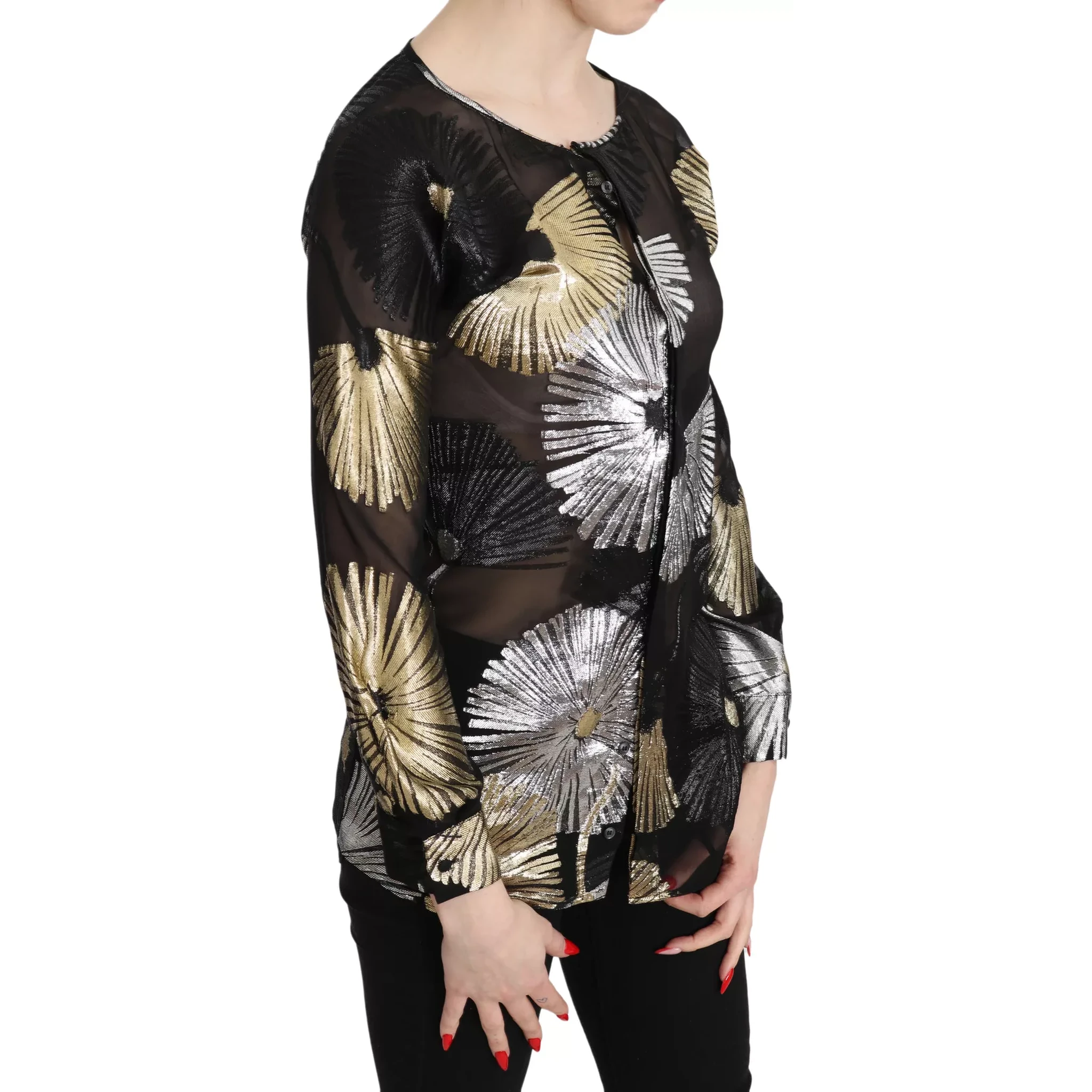 Gold Silver Silk Jacquard See Through Top Blouse